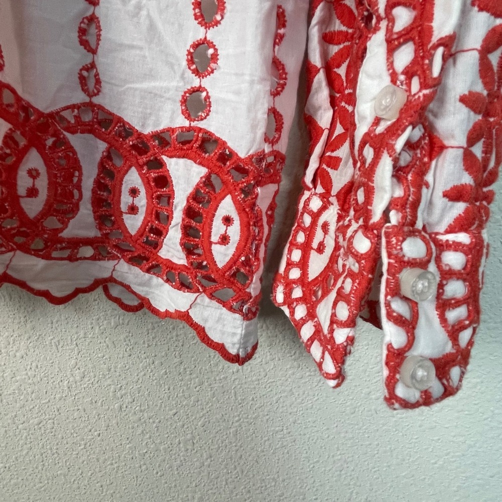 Valerie Khalfon Paris Boho Red White Eyelet Embroidered Button Up 12 Top‎ Shirt - Picture 2 of 9